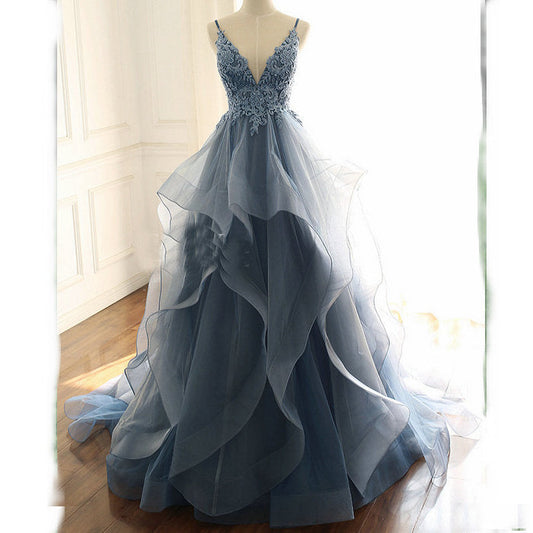 Princess V-neck Tulle Ruffle Prom Dress With Appliques