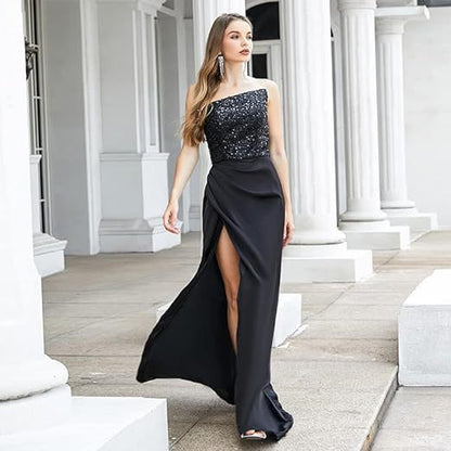 Satin Strapless Corset Side Slit Prom Dress With Beading