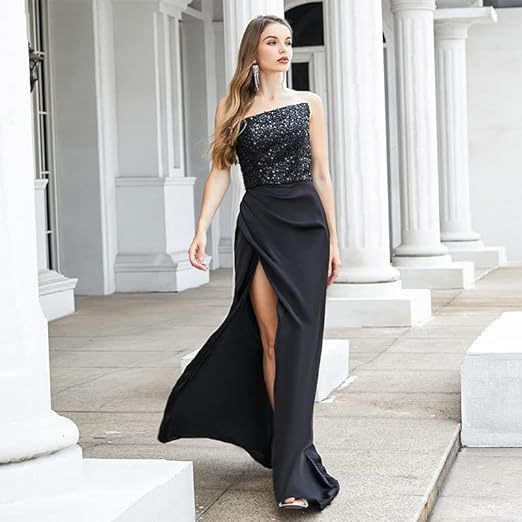 Satin Strapless Corset Side Slit Prom Dress With Beading