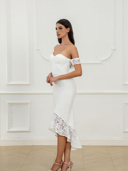 White Off-the-shoulder Sleeveless Lace Embroidered Bridesmaid Dress