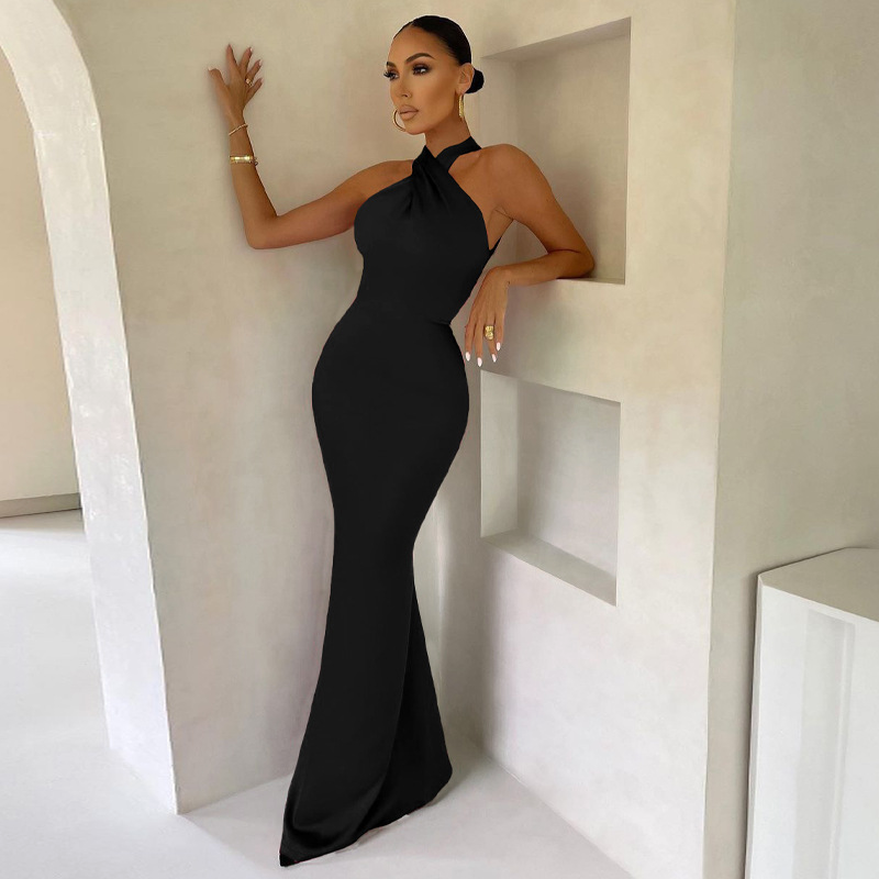 Column Stretch Crepe Ruched Halter Sleeveless Floor-Length Dress