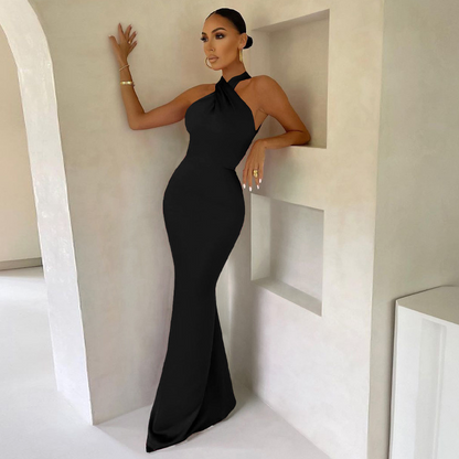 Column Stretch Crepe Ruched Halter Sleeveless Floor-Length Dress