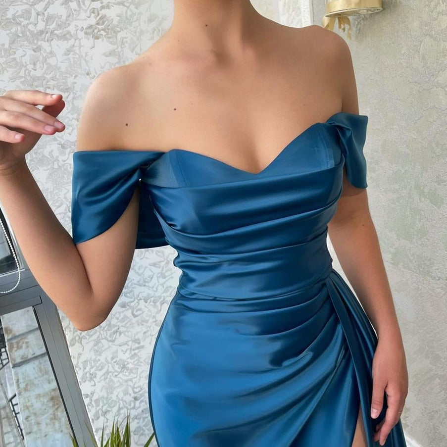 Satin Off-the-shoulder Ruched Prom Dress