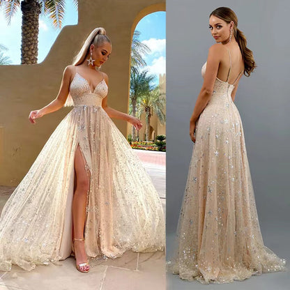 A-line V-neck Lace Sparkly Prom Dresses With Star