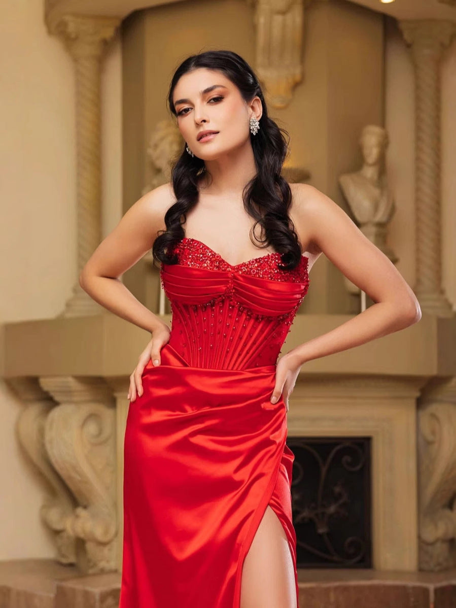 Satin V-neck Corset Mermaid Prom Dress With Beading