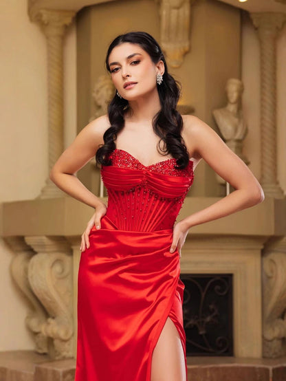 Satin V-neck Corset Mermaid Prom Dress With Beading