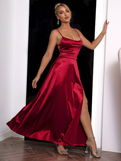 Satin Cowl Neck Ankle-length Prom Dress