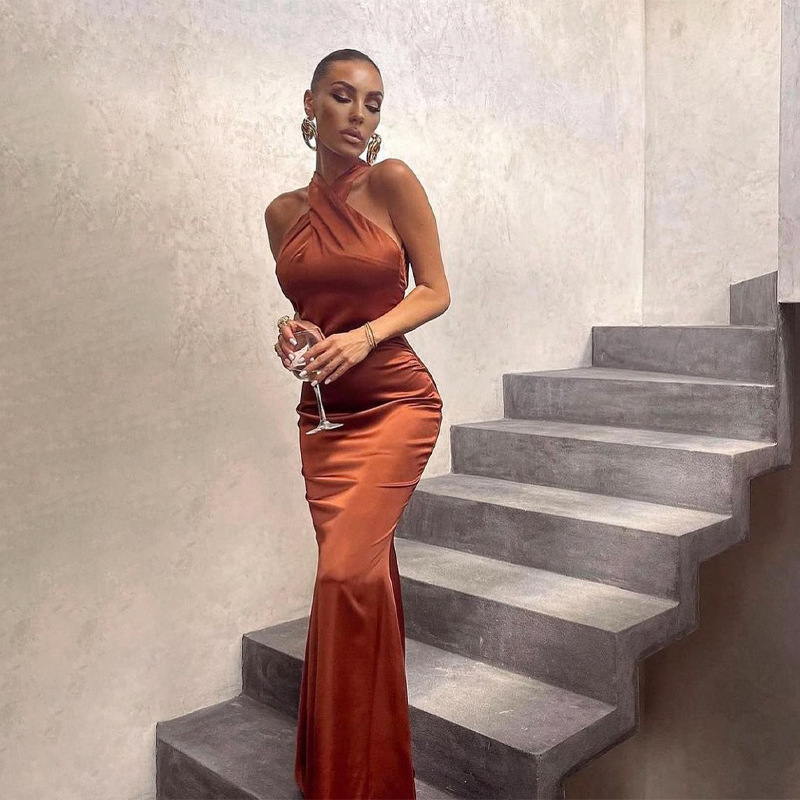 Column Stretch Crepe Ruched Halter Sleeveless Floor-Length Dress