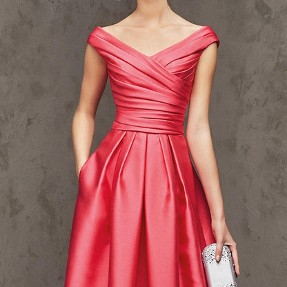 Satin A-Line V-Neck Ruched Waist Floor-Length Evening Dress