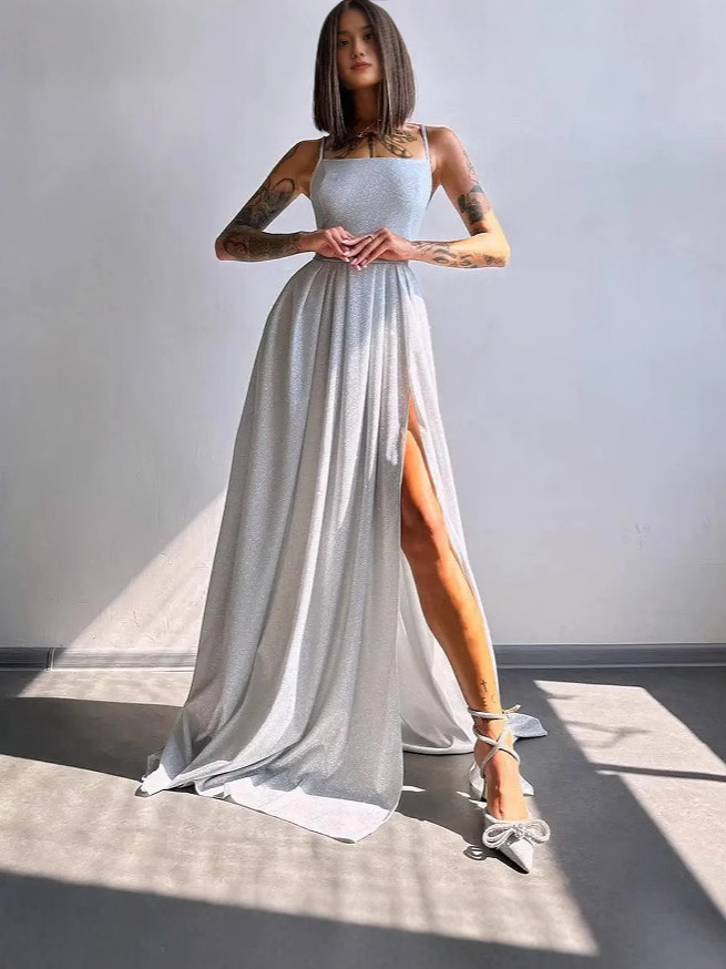 Princess Spaghetti Straps Sleeveless Slit Brush Train Dress