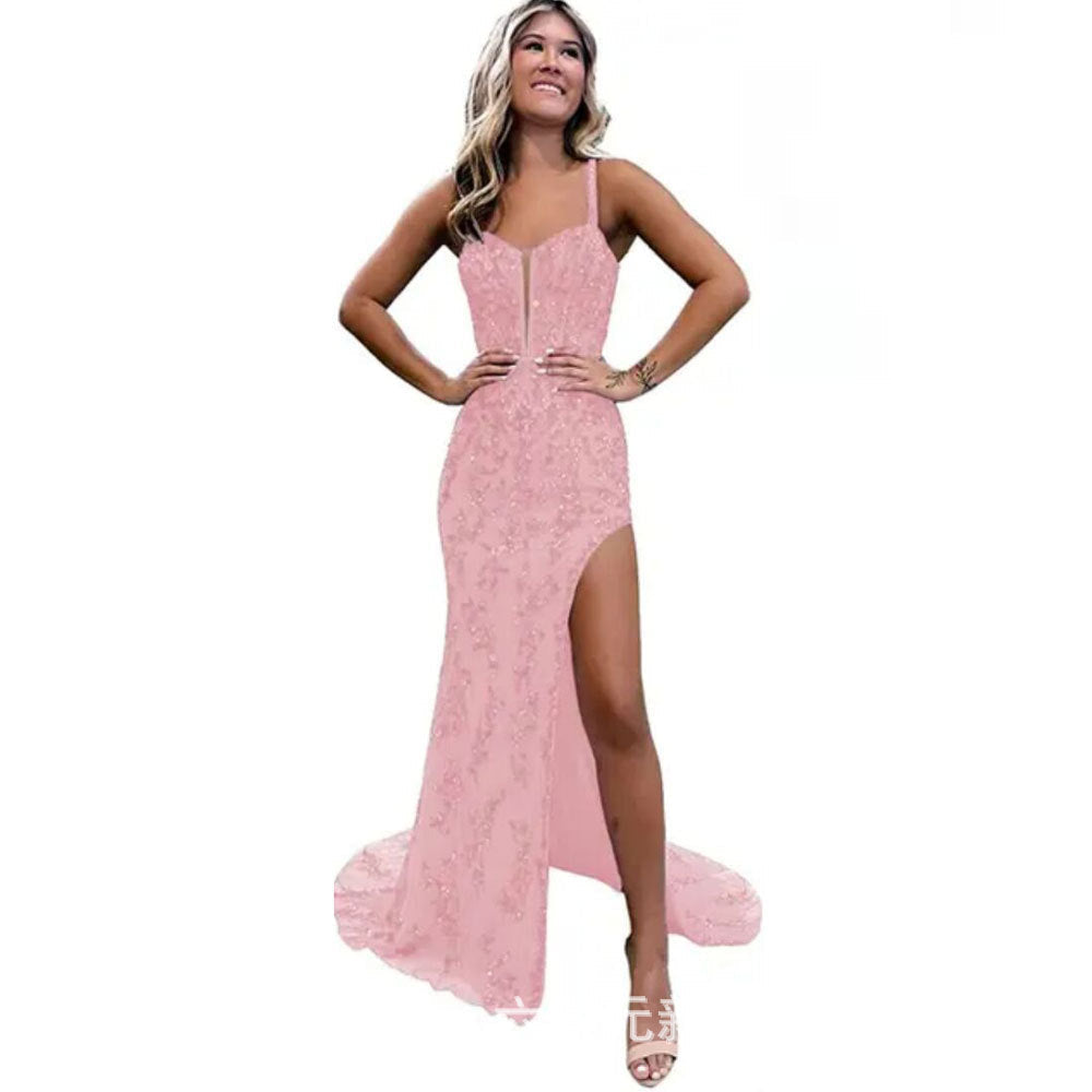 V-Neck Tulle Split Front Sweep Train Prom Dress