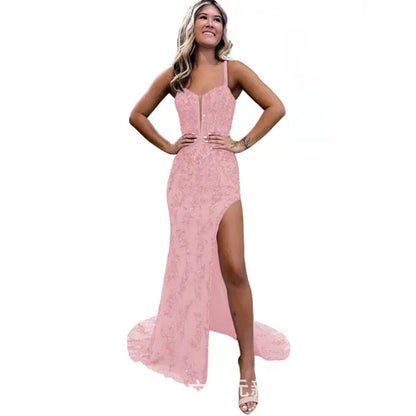 V-Neck Tulle Split Front Sweep Train Prom Dress