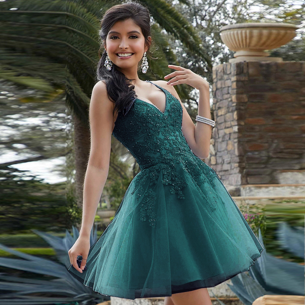 Applique V-neck Sleeveless Mini Dress