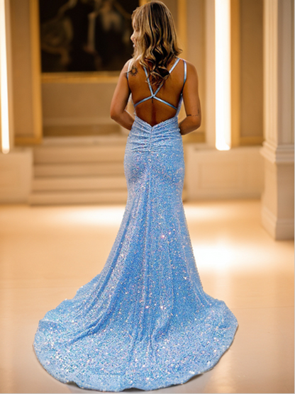 Column Velvet Sequins Ruched V-neck Sleeveless Brush Train Dress
