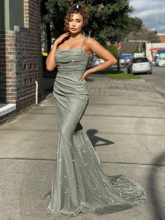 Column Ruched Spaghetti Straps Sleeveless Sweep Train Dress