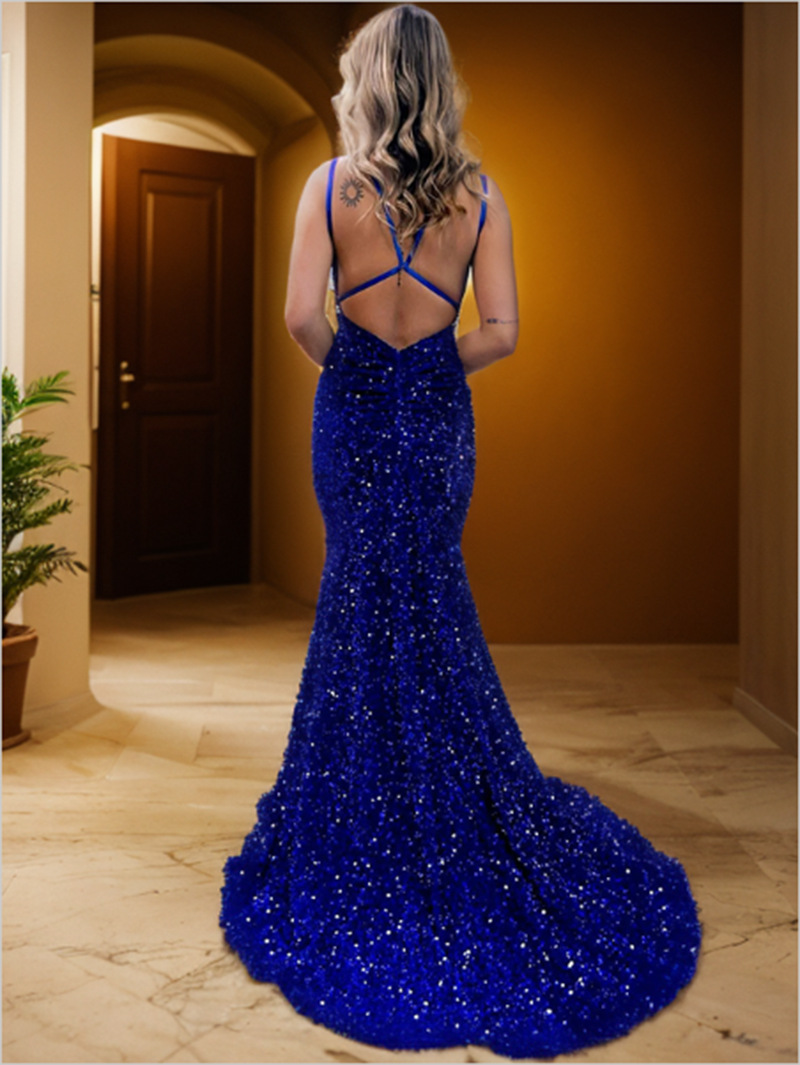 Column Velvet Sequins Ruched V-neck Sleeveless Brush Train Dress