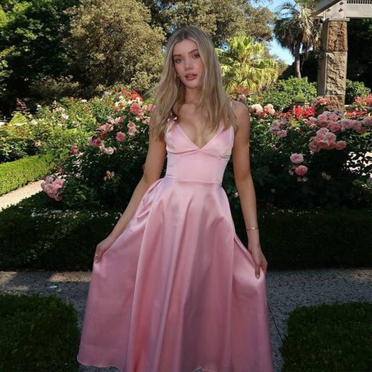 Satin A-line V-neck Floor-length Bridesmaid Dress