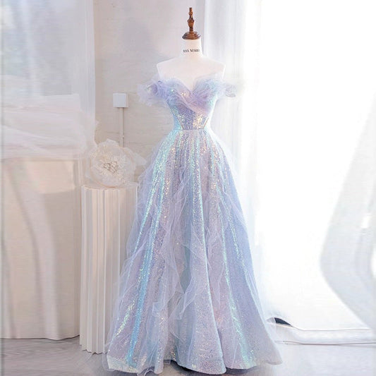 Light Blue Sparkly A Line Off the Shoulder Sequins Long Prom Dress