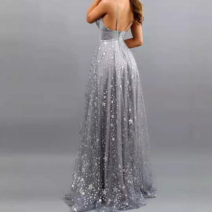 A-line V-neck Lace Sparkly Prom Dresses With Star
