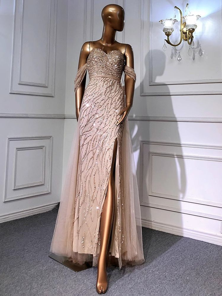 Sequin Off-Shoulder Long Split Prom Dress