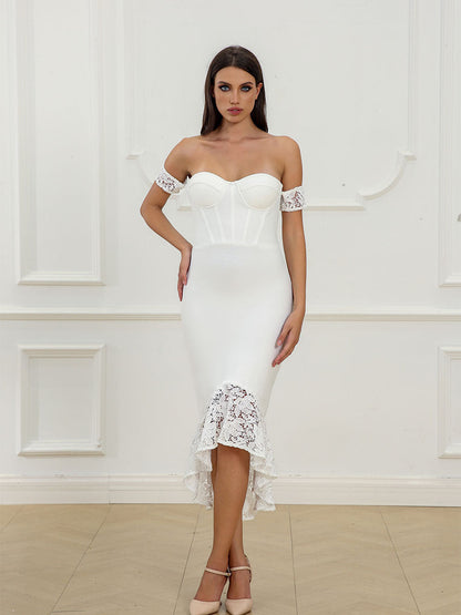White Off-the-shoulder Sleeveless Lace Embroidered Bridesmaid Dress