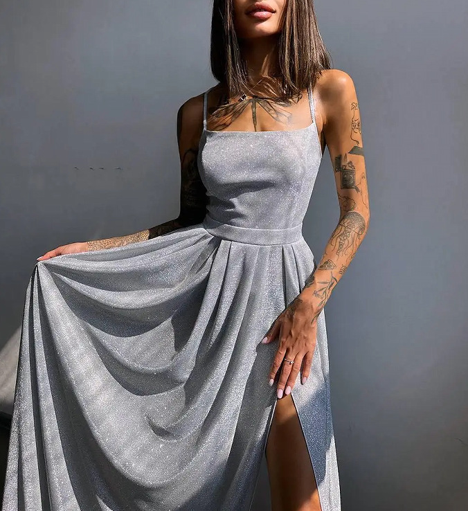 Princess Spaghetti Straps Sleeveless Slit Brush Train Dress