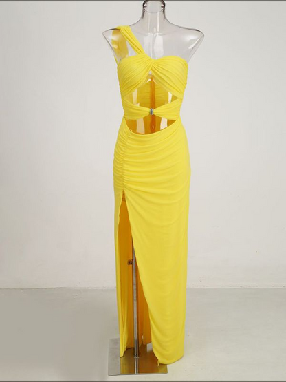 Yellow Oblique Shoulder Cut Out Waist Prom Dress