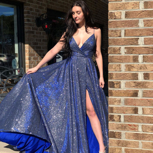 Blue Shiny Deep V-Neck Split Long Prom Dress - Test