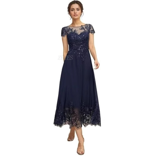 A-Line Applique Bateau Short Sleeves Tea-Length Mother of the Bride Dress