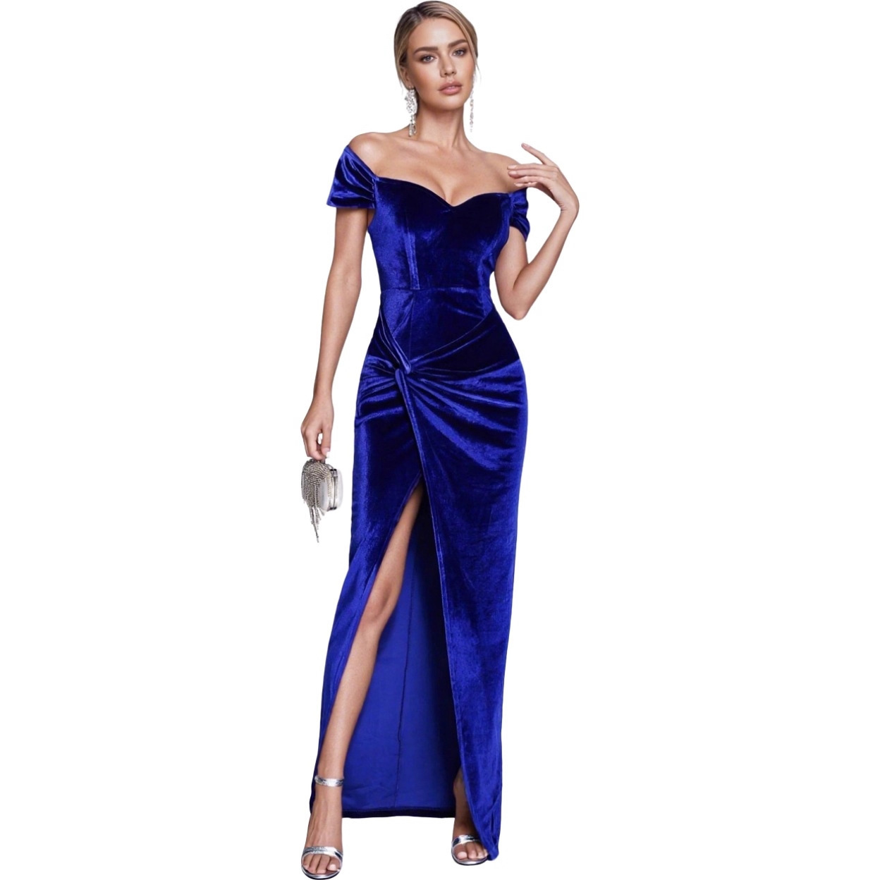 Velvet Ruched Off-the-Shoulder Sleeveless Sweep Train Dress