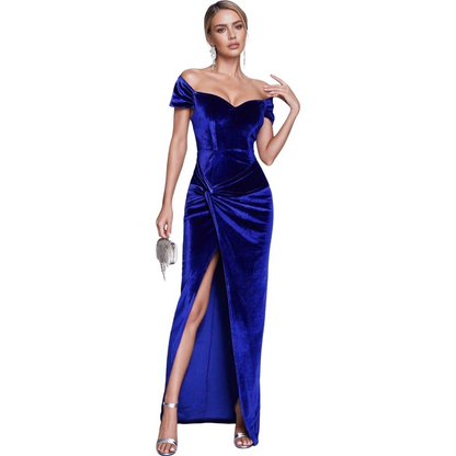 Velvet Ruched Off-the-Shoulder Sleeveless Sweep Train Dress