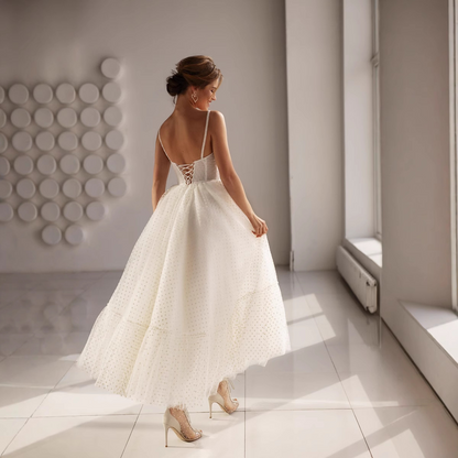 Sweetheart Spaghetti Straps Tea Length Wedding Dress