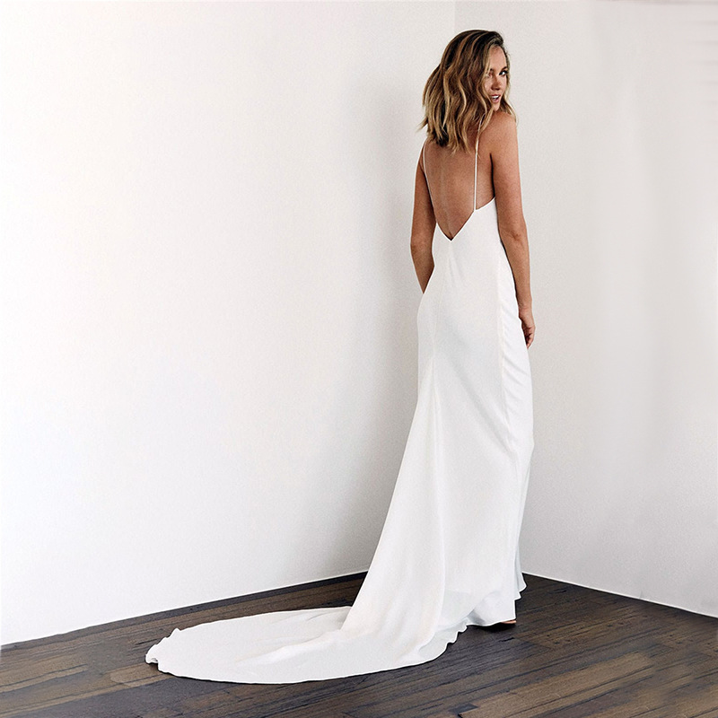 Simple V-Neck Spaghetti Straps Backless Wedding Dress