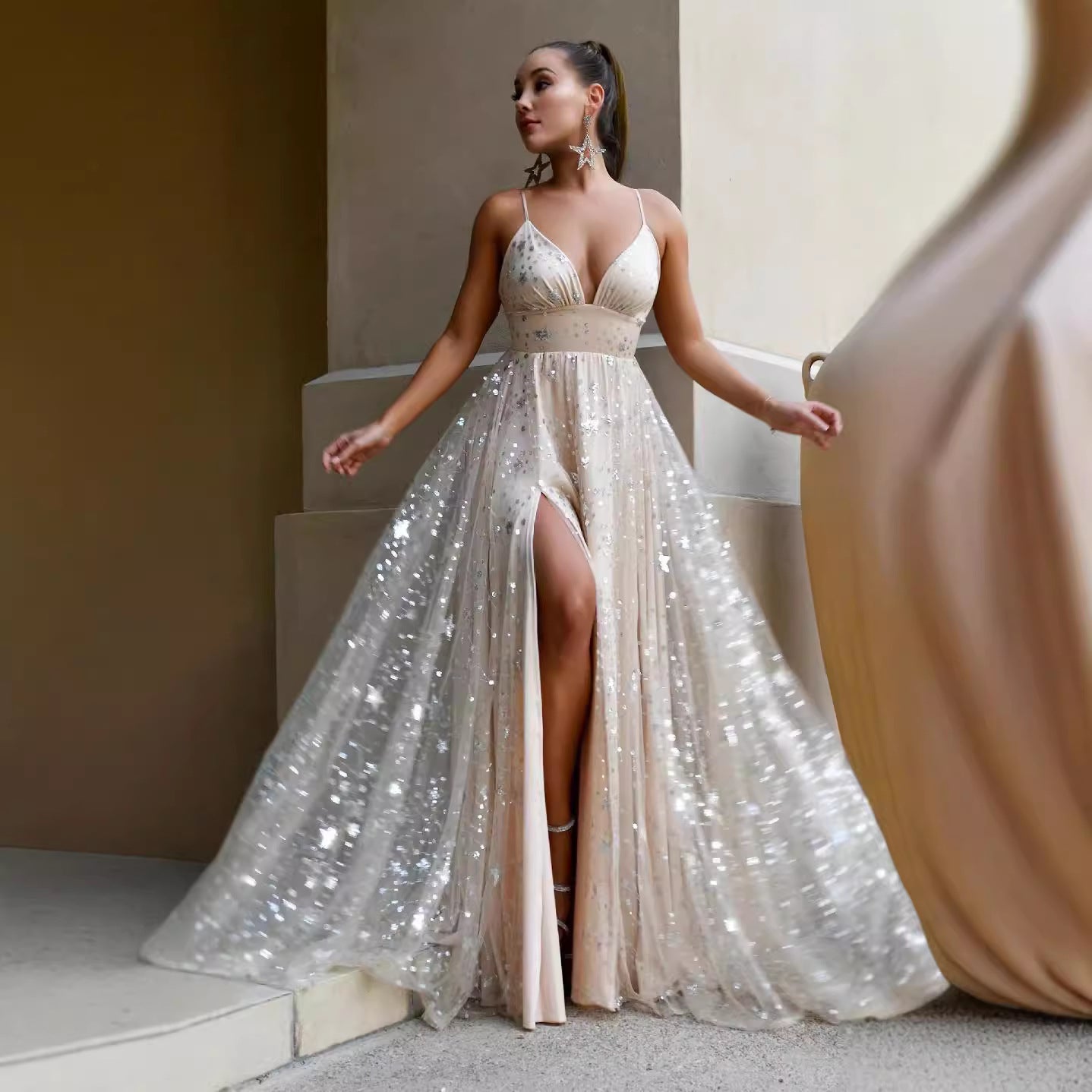 A-line V-neck Lace Sparkly Prom Dresses With Star