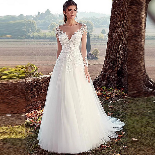 A Line V Neck Long Sleeve Wedding Dress