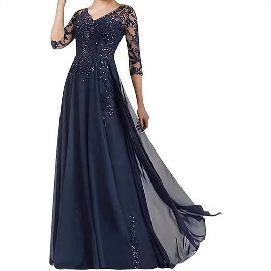 Applique V-neck Long Sleeves Floor-Length Mother of the Bride Dress