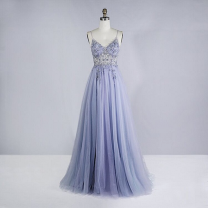 A-Line Tulle Sequin Straps Sleeveless Sweep Train Dress