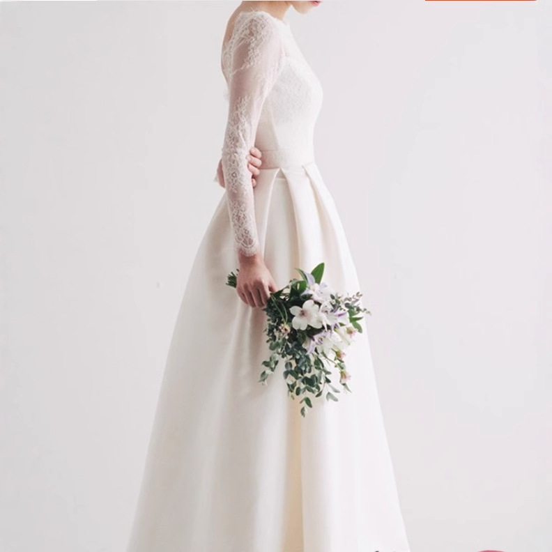 White Backless Floor-length Wedding Dress With Lace