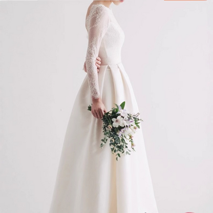 White Backless Floor-length Wedding Dress With Lace