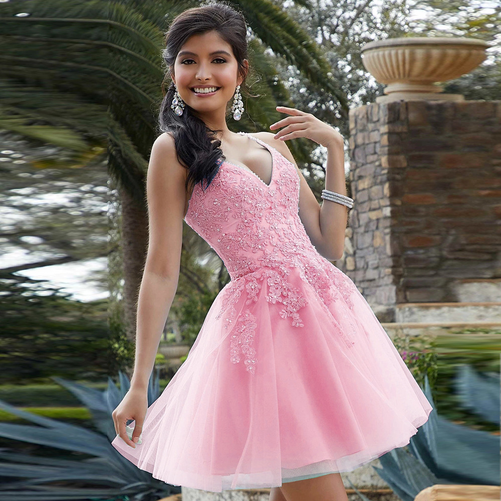 Applique V-neck Sleeveless Mini Dress