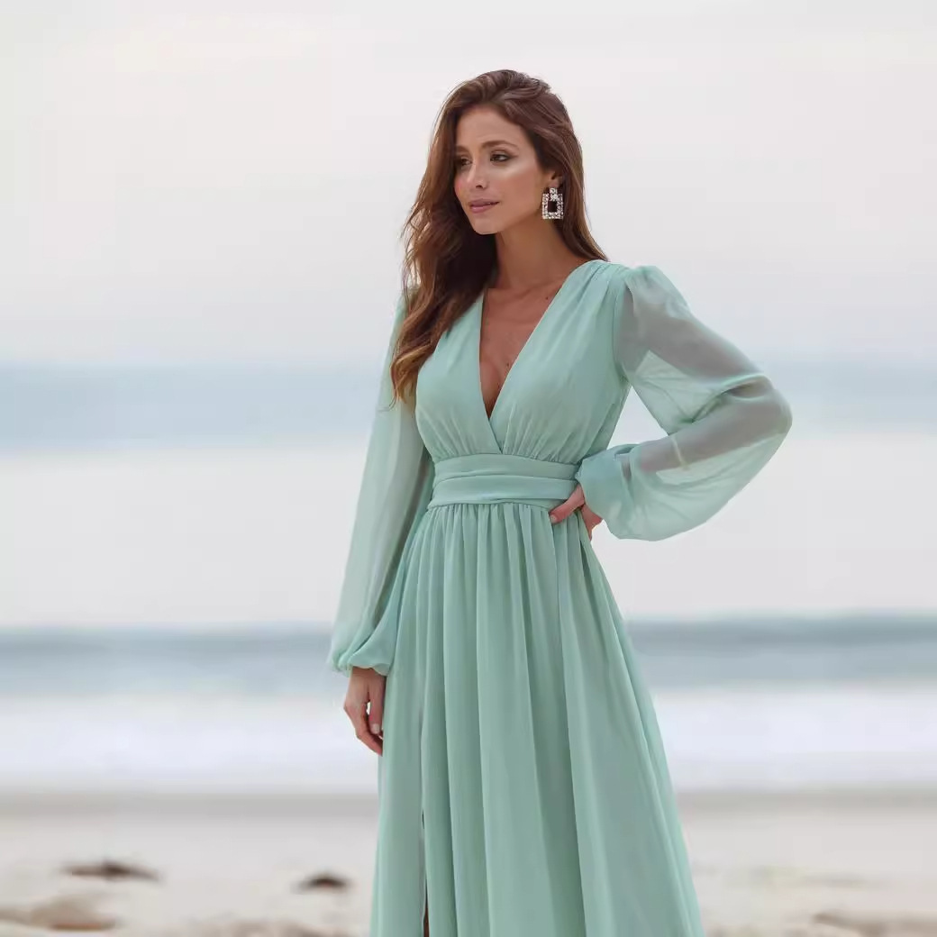 Chiffon Ruffles V-neck Long Sleeves Sweep Train Mother of the Bride Dress