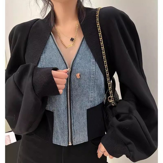 Patchwork Zipper Denim Outerwear Jacket
