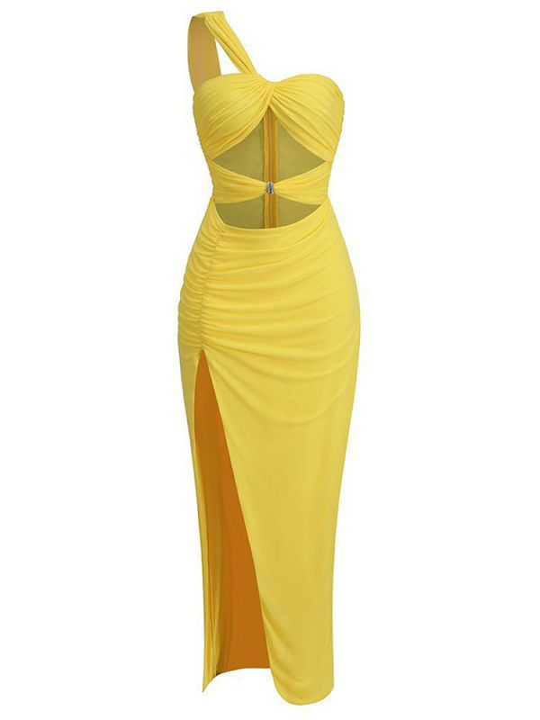 Yellow Oblique Shoulder Cut Out Waist Prom Dress