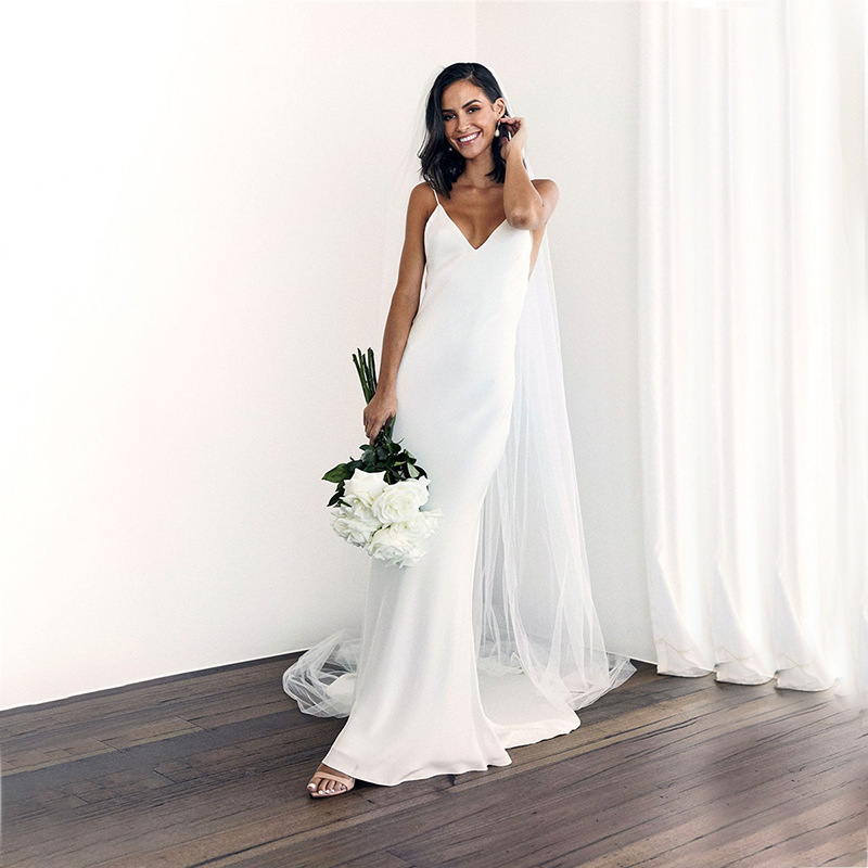 Simple V-Neck Spaghetti Straps Backless Wedding Dress