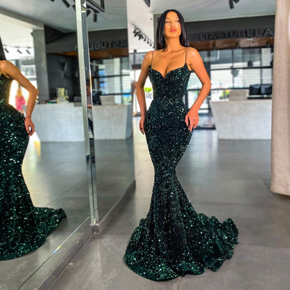 Sequin Spaghetti Strap Long Mermaid Evening Dress