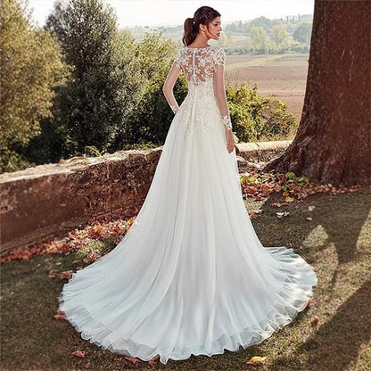 A Line V Neck Long Sleeve Wedding Dress