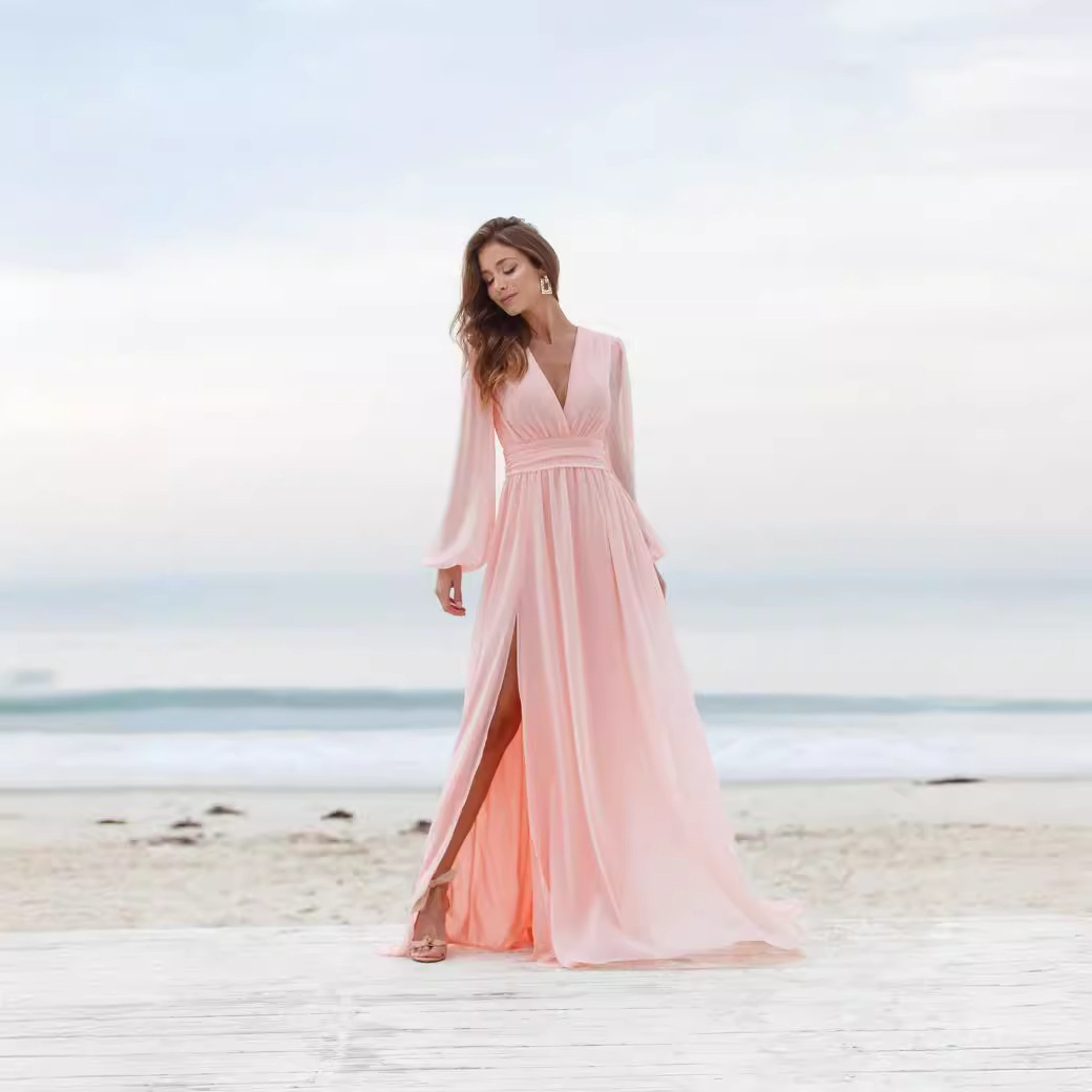 Chiffon Ruffles V-neck Long Sleeves Sweep Train Mother of the Bride Dress