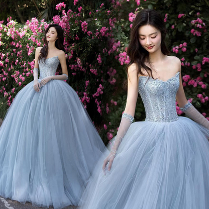 Strapless Sleeveless Lace Applique Floor-Length Dress