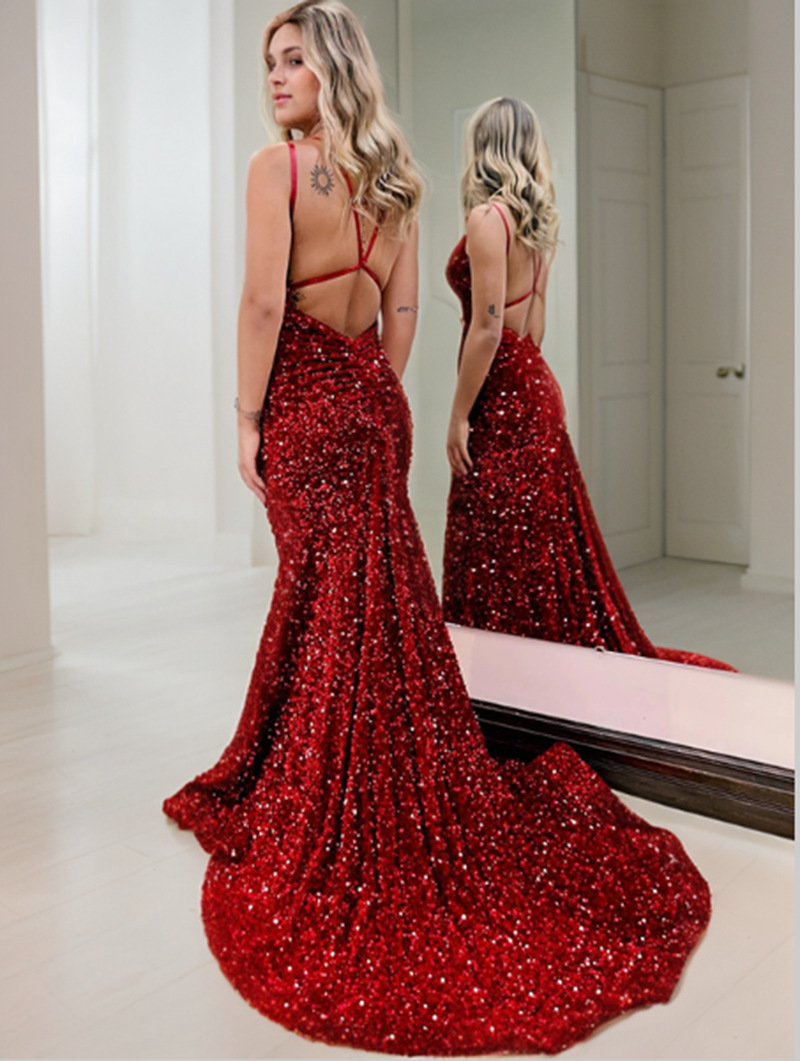 Column Velvet Sequins Ruched V-neck Sleeveless Brush Train Dress