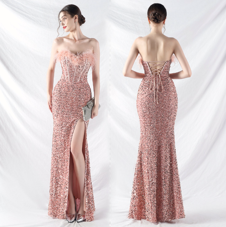 Column Sequins Fur Strapless Sleeveless Sweep Train Dress